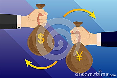 Currency exchange. Two female, businesswoman hands in business suits with a bags of money, dollars, yuan Vector Illustration