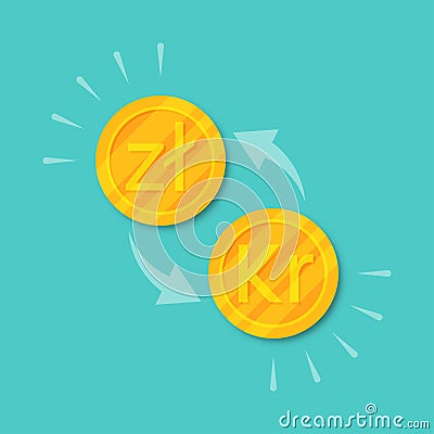 Currency exchange zloty to krone. Golden coins money Vector Illustration