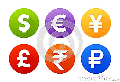 Currency icons with shadow dollar euro pound yen yuan rupee ruble Vector Illustration