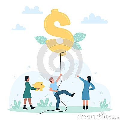 Currency inflation, financial investment, tiny people holding rope with dollar balloon Vector Illustration