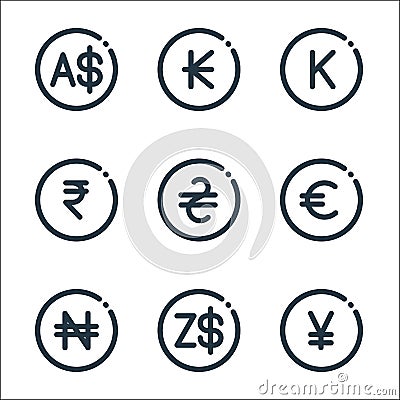Currency line icons. linear set. quality vector line set such as chinese yuan, dollar, naira, euro, hryvnia, rupee, laos, myanmar Vector Illustration