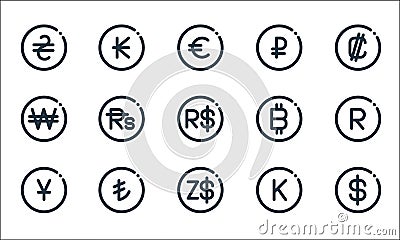 Currency line icons. linear set. quality vector line set such as dollar, dollar, japanese yen, laos, turkish lira, won, bitcoin, Vector Illustration