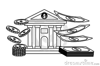 Currency money bill stack bank front black and white Vector Illustration