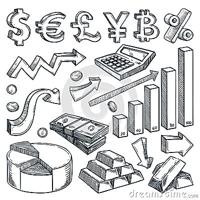 Currency, money, financial graph and diagram business icons. Investment and finance vector sketch illustration Vector Illustration