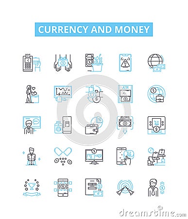 Currency and money vector line icons set. Currency, Money, Forex, Exchange, Banking, Loans, Investment illustration Vector Illustration