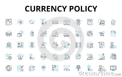 Currency policy linear icons set. Inflation, Exchange, Intervention, Reserves, Devaluation, Revaluation, Export vector Vector Illustration