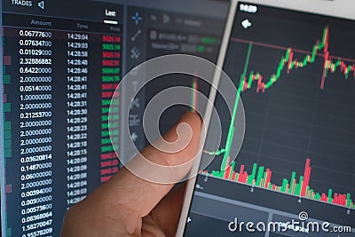 Currency and securities market volatility. Cross-platform applications for the stock market. Stock Photo
