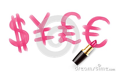 Currency sign and symbol write by Lipstick pink color, Finance concept design illustration isolated on white background, with copy Vector Illustration