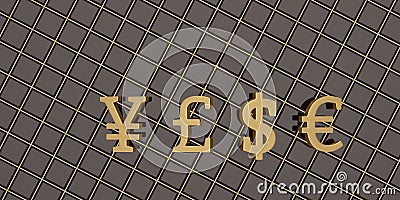 The currency symbol in gold on a black background 3D illustration Cartoon Illustration