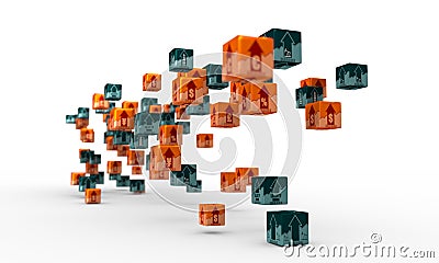 Currency symbols on floating boxes Stock Photo