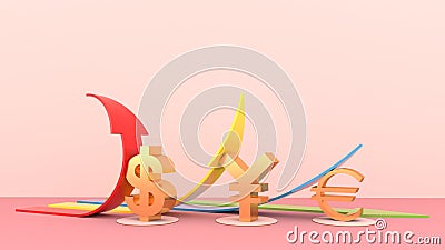 Currency symbols, including dollars, euros, yen push the back of the arrow symbol to upwards in a sunny room. Sunlight and shadow. Cartoon Illustration