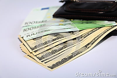 Currency in the wallet. The money is in a black wallet Stock Photo