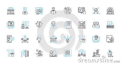 Current schooling linear icons set. Curriculum, Learning, Assessment, Instruction, Teaching, Technology, Resources line Vector Illustration