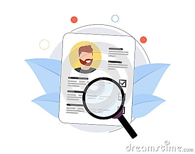 Curriculum vitae or CV and magnifying glass. Concept of professional staff recruitment, job application, hiring. Cartoon Illustration