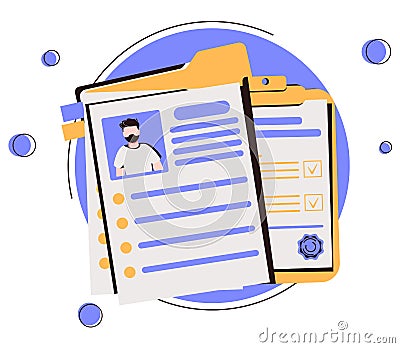 Curriculum vitae or CV and magnifying glass. Concept of professional staff recruitment, job application, hiring personnel, Vector Illustration