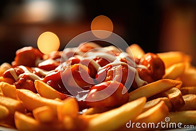 Curry Wurst with fries in a close-up shot, macro shot - made with generative AI tools Stock Photo