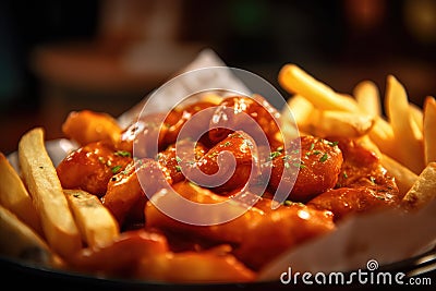 Curry Wurst with fries in a close-up shot, macro shot - made with generative AI tools Stock Photo