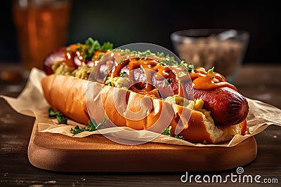 Curry wurst Hot Dog in a close-up shot, macro shot - made with generative AI tools Stock Photo