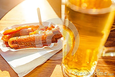 Curry wurst Sausages with beer on the table Stock Photo