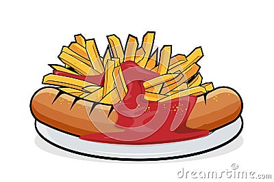 Cartoon illustration of delicious german specialty currywurst mit pommes Vector Illustration