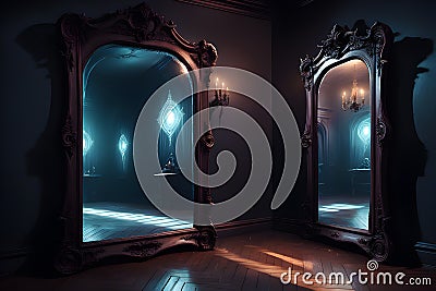 a cursed mirror dimension that conjures a world within its eerie confines on Halloween night Stock Photo