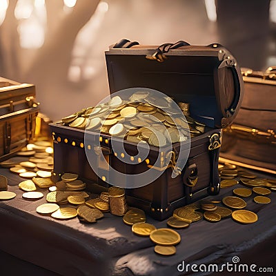 Cursed treasure, Treasure chest filled with cursed gold coins guarded by malevolent spirits and deadly traps3 Stock Photo