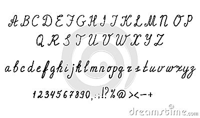 Cursive English alphabet letters, numbers and symbols. Hand drawn set. Vector Illustration