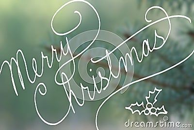 Cursive handwriting typography saying Merry Christmas on blurred blue spruce Christmas tree Stock Photo