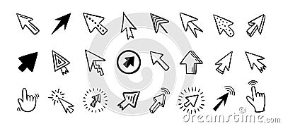 Cursor doodle icon set. Click cursor hand drawn set. Isolated mouse cursor Vector Illustration