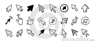 Cursor doodle icon set. Click cursor hand drawn set. Isolated mouse cursor Vector Illustration
