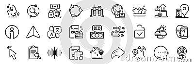 Cursor, 5g technology and Lock line icons pack. For web app. App line icons. Vector Stock Photo