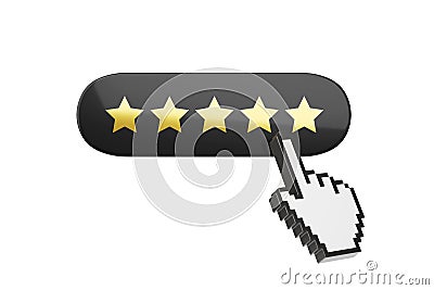 Cursor hand clicking on a ranking button with five stars isolated on white background. 3d illustration Cartoon Illustration