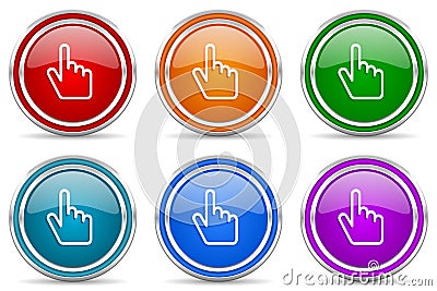 Cursor hand silver metallic glossy icons, set of modern design buttons for web, internet and mobile applications in 6 colors Stock Photo