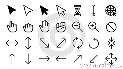 Cursor icons. Web internet scale arrow clicking computer pointer, hand mouse cursors. Static and dynamic click cursor Vector Illustration