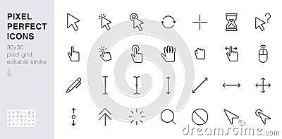 Cursor line icon set. mouse click, hand tap, arrow pointer, type here, scroll, hourglass, finger minimal vector Vector Illustration