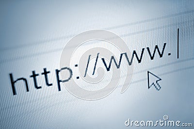 Cursor pointing at http www text in browsing browser address bar, arrow pointer, soft macro web url link page closeup Stock Photo