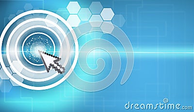 Cursor pressing on virtual screen with molecule Stock Photo