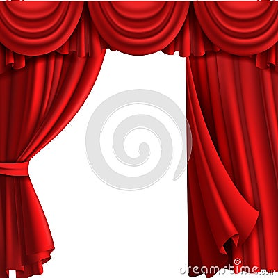 Curtain with drape stage. Theatre fabric red curtains with elegant decor drapes for entertainment vector template Vector Illustration