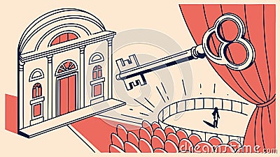 Curtain key unlocks theater stage! Access to performance, shows, and dramatic arts events. Vector Design, Generative AI Vector Illustration