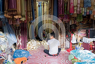 Curtain shop in Rong Kluea market Editorial Stock Photo