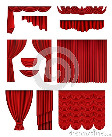 Curtain stage. Theatrical opera hall decoration red luxury silk curtains vector realistic collection Vector Illustration