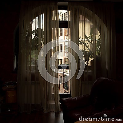 Curtain with warm sunlight behind the room. For cozy home and decoration Living and lifestyle concept Stock Photo