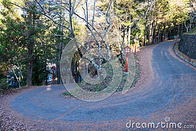 Curve road to mountain of Chureito Temple. Stock Photo