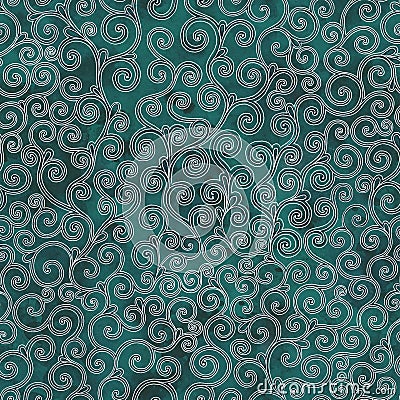 Curve seamless pattern. Hand drawn abstract curly white contours on dark turquoise watercolor background. Stock Photo