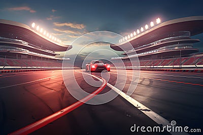 Curved asphalt racing track and illuminated race sport at stadium evening arena and spotlight Stock Photo