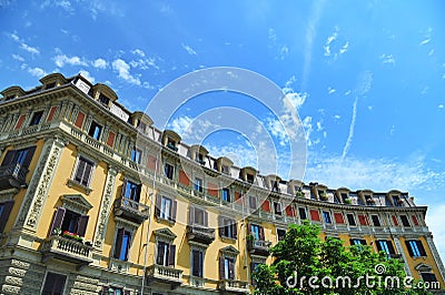 Curved baroque style residential building exterior view from below under blue sky Turin Italy Editorial Stock Photo