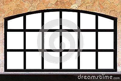 Black aluminum window frame and brown stone wall isolated on a white background Stock Photo