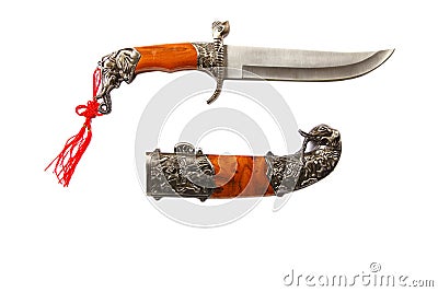 Curved ceremonial dagger knife with a decorative sheath isolated on a white background. Vintage dagger on a white background. Dagg Stock Photo