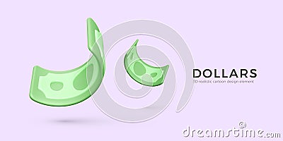 Curved 3D green paper dollars. Render bent paper currency Vector Illustration