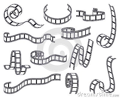 Curved film strip. Cinema monochrome movie or photo tape, strip roll border fragments. Vintage curved filmstrip isolated Vector Illustration